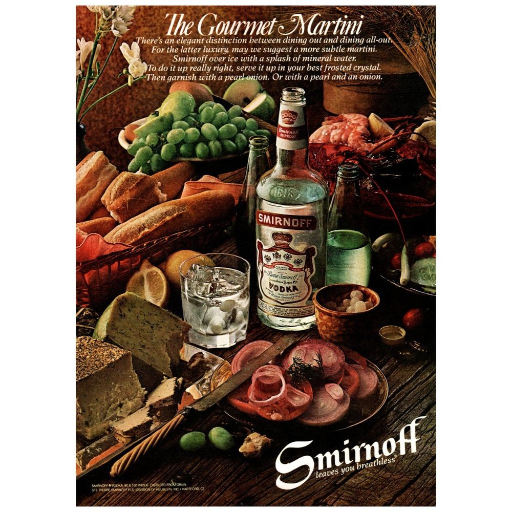 1979 Smirnoff Vodka Vintage Print Ad Gourmet Martini Lobster Bread Wall Art 8x11